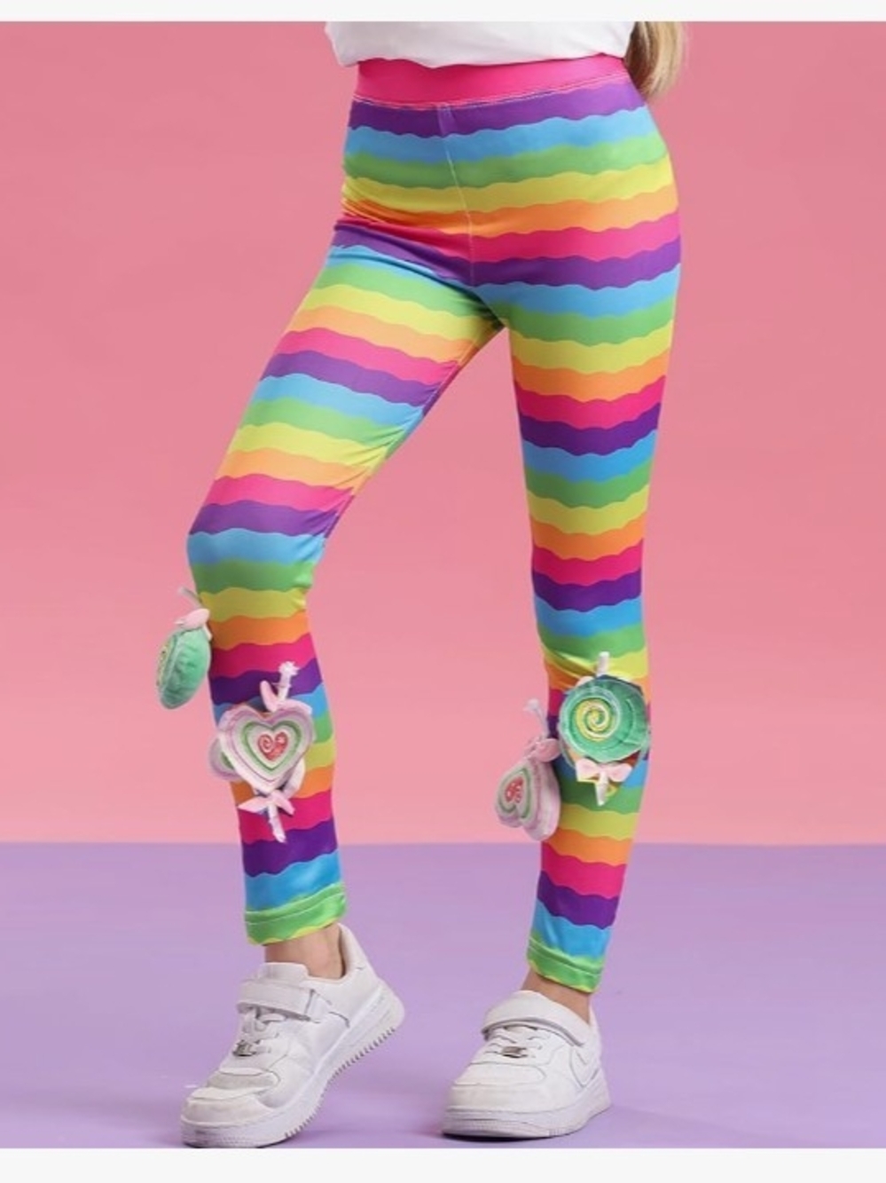 NWT Girls Rainbow Striped Wave Leggings W/ Stuffed Lollipop Embellishments